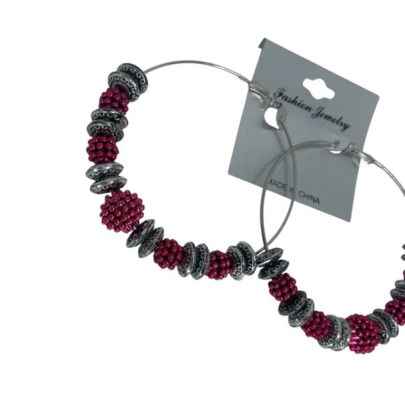 Silver Tone Bead Hoop Earrings Disc Style Boho Fashion Trendy Statement NWT - Picture 9 of 9